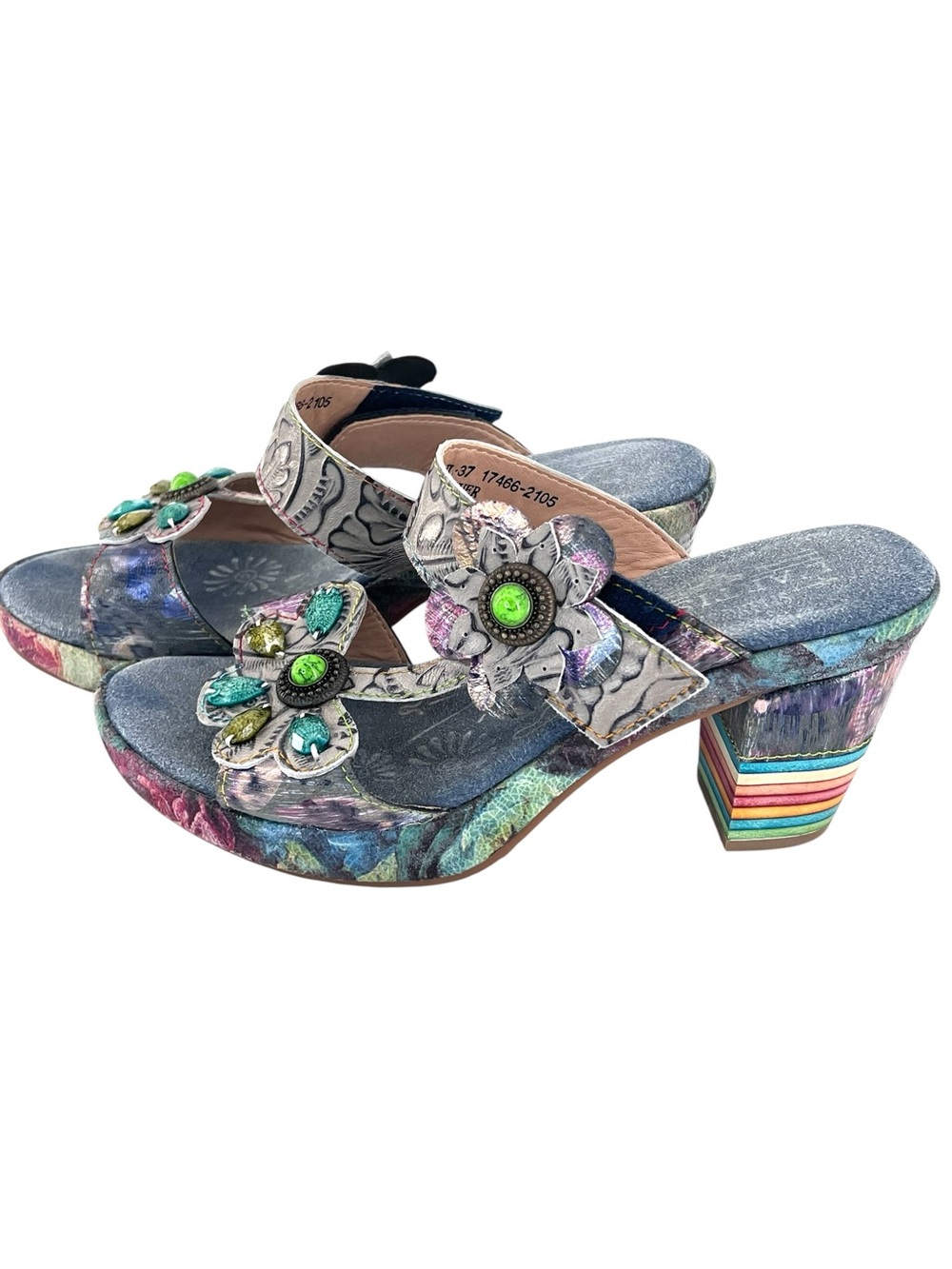 L'Artiste Spring Step Floral Slide Sandal Painted Leather EU 37 Boho Colorful